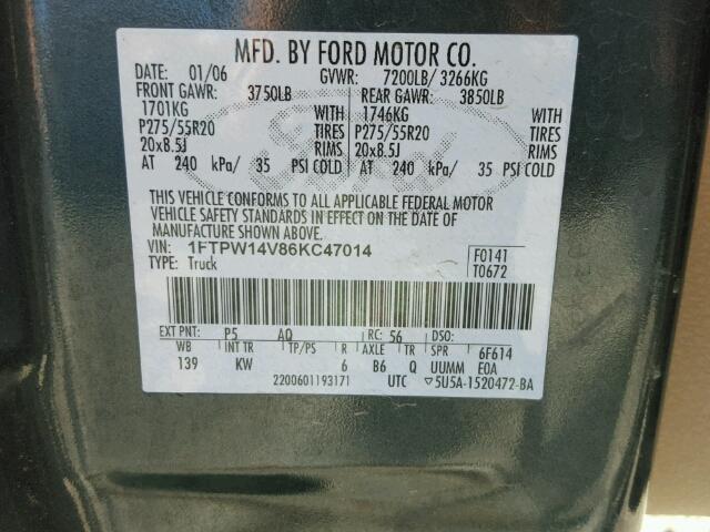 1FTPW14V86KC47014 - 2006 FORD F150 SUPER GREEN photo 10