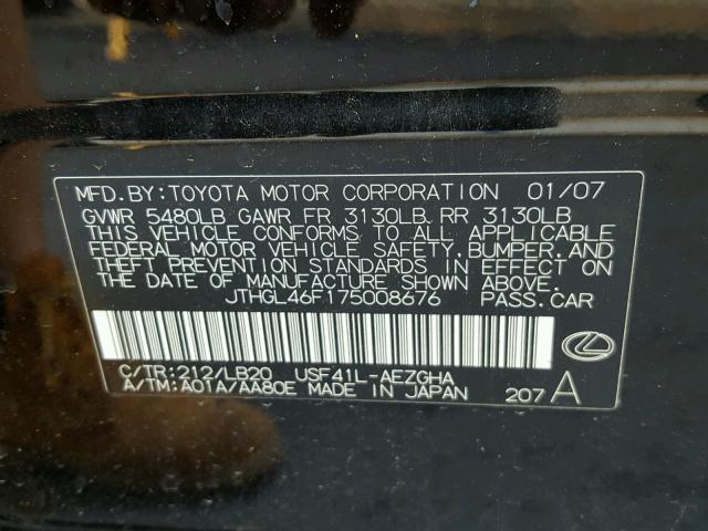 JTHGL46F175008676 - 2007 LEXUS LS 460L BLACK photo 10