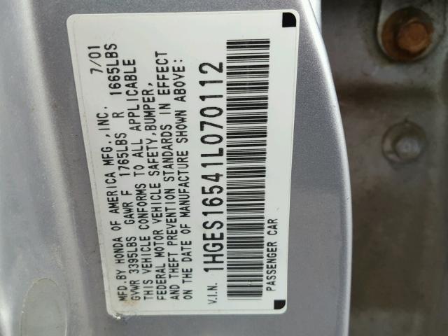 1HGES16541L070112 - 2001 HONDA CIVIC LX SILVER photo 10