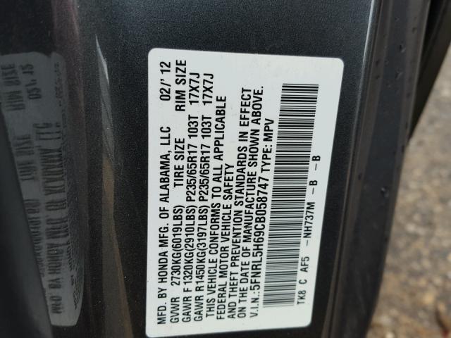 5FNRL5H69CB058747 - 2012 HONDA ODYSSEY EX CHARCOAL photo 10