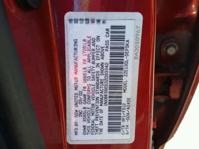 1NXBR38E63Z093342 - 2003 TOYOTA COROLLA CE RED photo 10