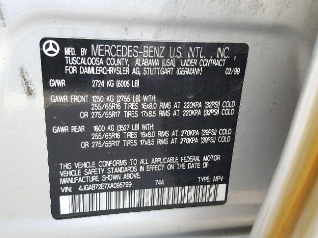 4JGAB72E7XA095799 - 1999 MERCEDES-BENZ ML 430 SILVER photo 10