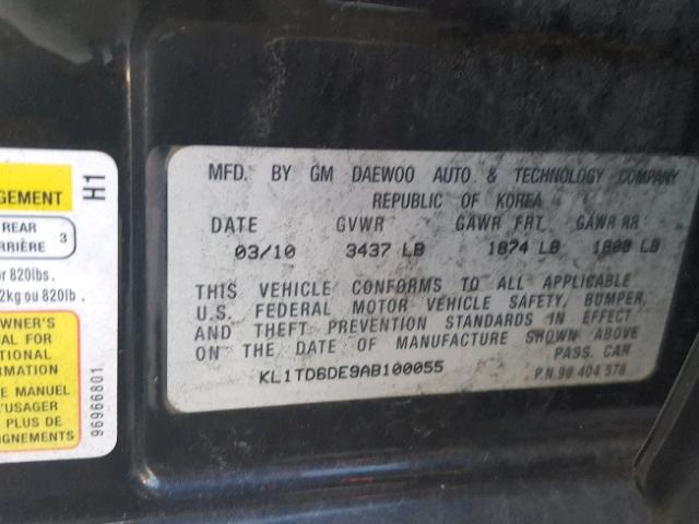 KL1TD6DE9AB100055 - 2010 CHEVROLET AVEO LS BLACK photo 10