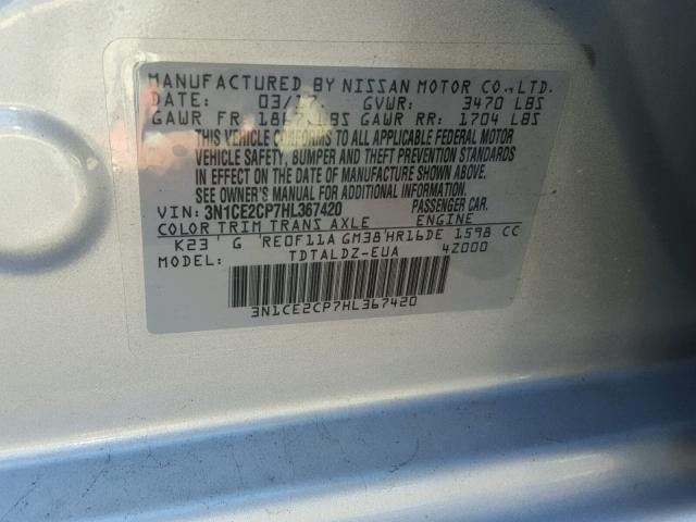 3N1CE2CP7HL367420 - 2017 NISSAN VERSA NOTE SILVER photo 10