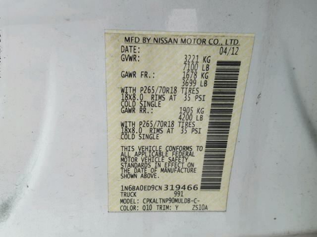 1N6BA0ED9CN319466 - 2012 NISSAN TITAN S WHITE photo 10