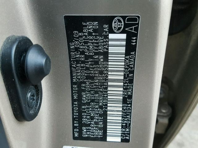 2T1BU4EE1AC258530 - 2010 TOYOTA COROLLA BA SILVER photo 10