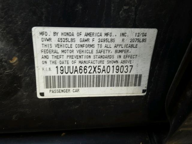 19UUA662X5A019037 - 2005 ACURA TL BLACK photo 10