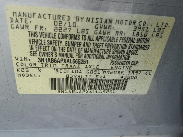 3N1AB6APXAL665251 - 2010 NISSAN SENTRA 2.0 SILVER photo 10