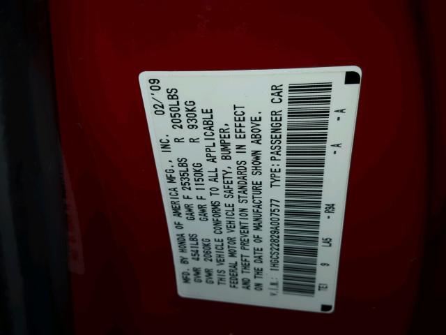 1HGCS22829A007577 - 2009 HONDA ACCORD EXL RED photo 10