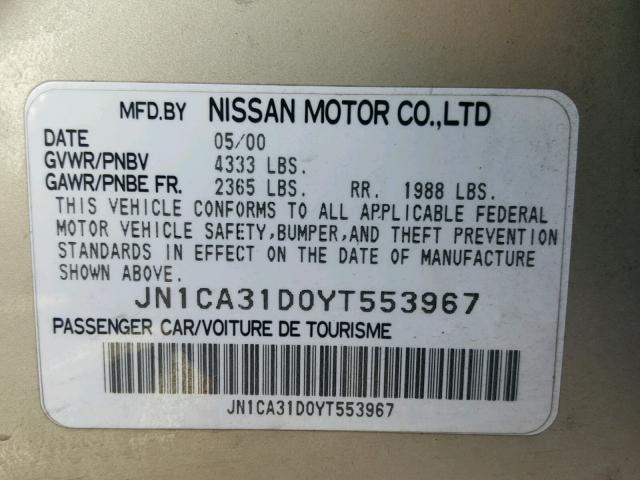 JN1CA31D0YT553967 - 2000 NISSAN MAXIMA GLE GOLD photo 10