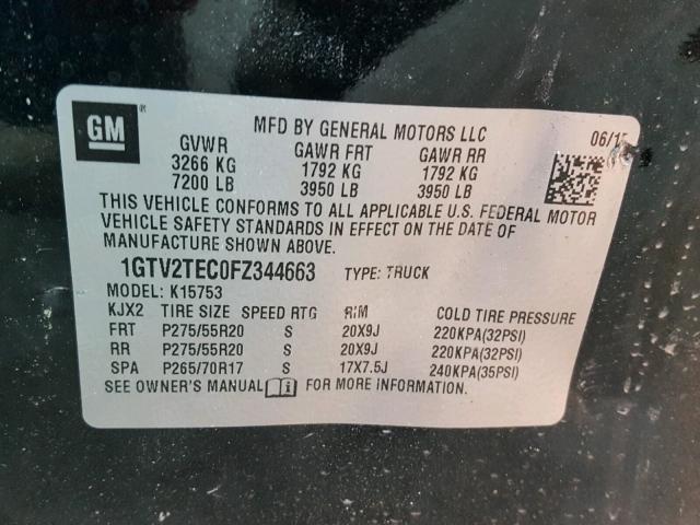 1GTV2TEC0FZ344663 - 2015 GMC SIERRA K15 BLACK photo 10