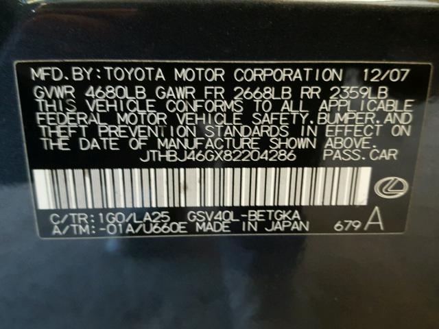 JTHBJ46GX82204286 - 2008 LEXUS ES 350 BLACK photo 10