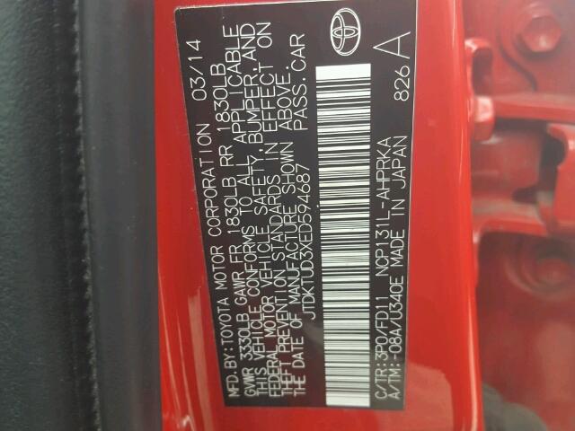 JTDKTUD3XED594687 - 2014 TOYOTA YARIS RED photo 10