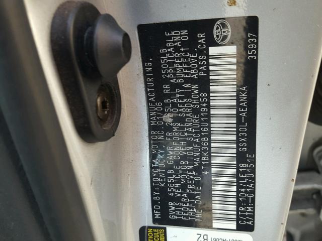 4T1BK36B16U119458 - 2006 TOYOTA AVALON XL SILVER photo 10