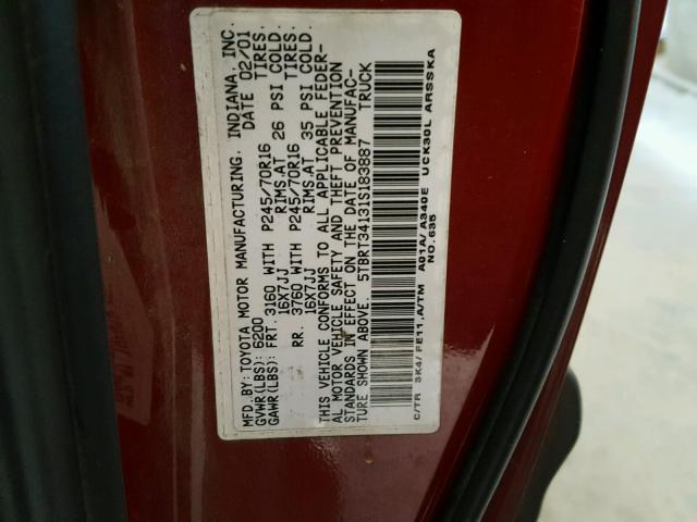 5TBRT34131S183887 - 2001 TOYOTA TUNDRA ACC BURGUNDY photo 10