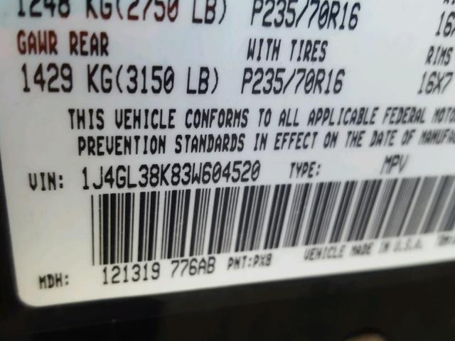 1J4GL38K83W604520 - 2003 JEEP LIBERTY RE BLACK photo 10