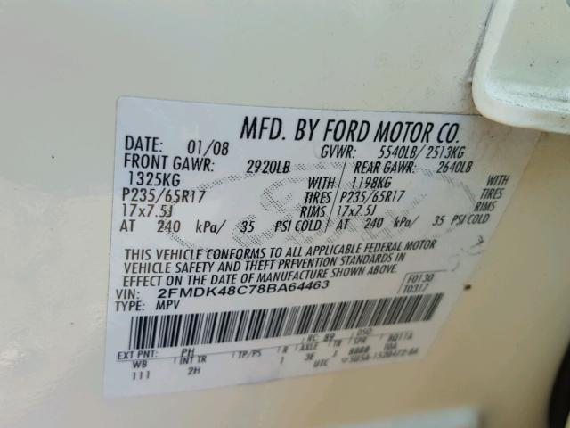 2FMDK48C78BA64463 - 2008 FORD EDGE SEL CREAM photo 10