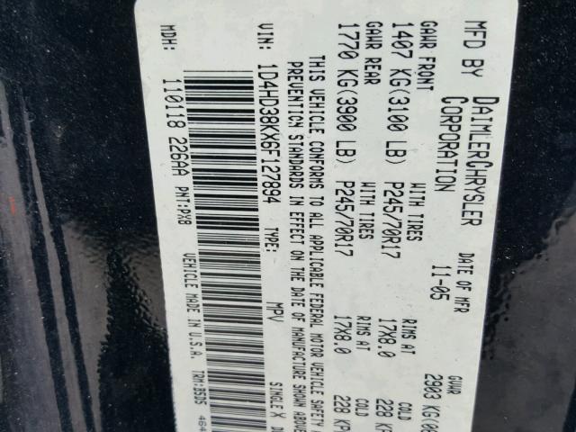 1D4HD38KX6F127894 - 2006 DODGE DURANGO SX BLACK photo 10