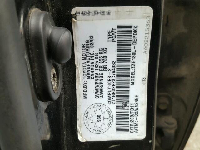 2T1BR32E23C764032 - 2003 TOYOTA COROLLA CE BLACK photo 10