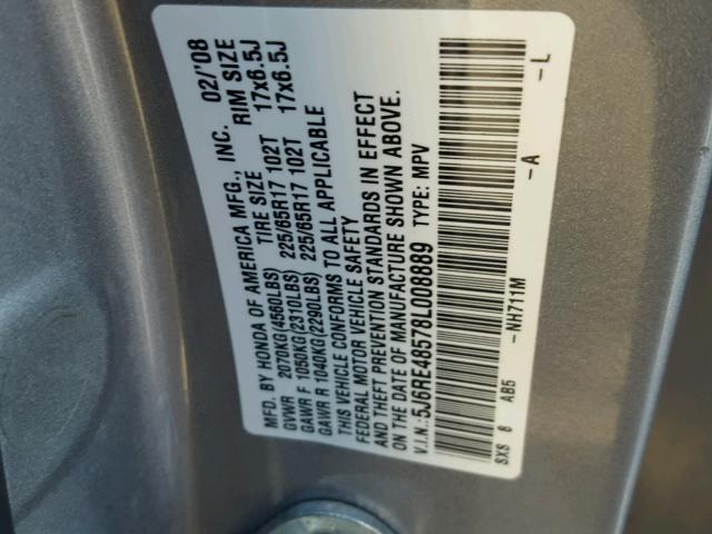 5J6RE48578L008889 - 2008 HONDA CR-V EX SILVER photo 10