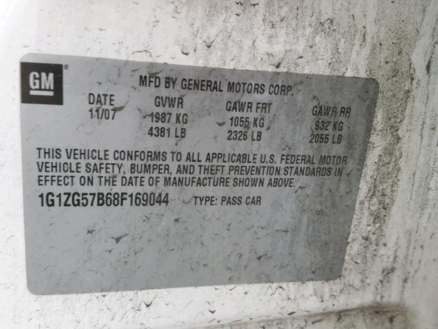 1G1ZG57B68F169044 - 2008 CHEVROLET MALIBU LS თეთრი ფოტო 10