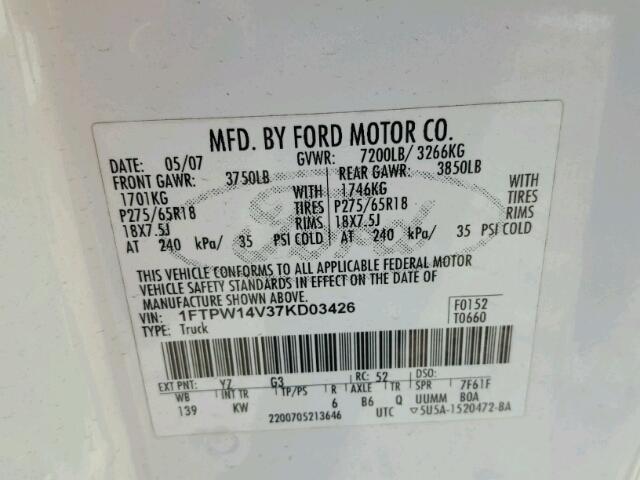 1FTPW14V37KD03426 - 2007 FORD F150 SUPER WHITE photo 10