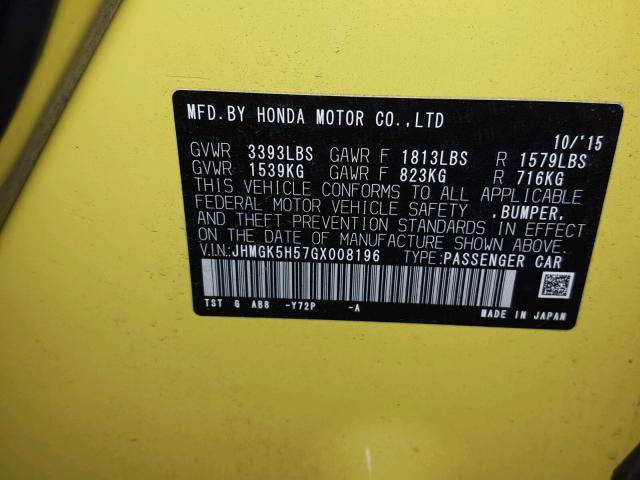 JHMGK5H57GX008196 - 2016 HONDA FIT LX YELLOW photo 10