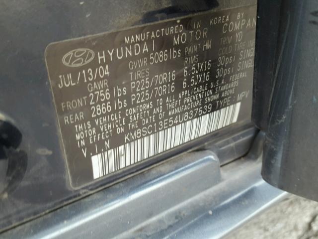 KM8SC13E54U837639 - 2004 HYUNDAI SANTA FE G BLUE photo 10