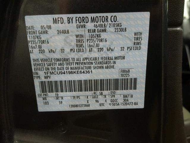 1FMCU94198KE64361 - 2008 FORD ESCAPE LIM BLACK photo 10