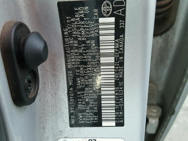 2T1BU4EE8BC738677 - 2011 TOYOTA COROLLA BA SILVER photo 10