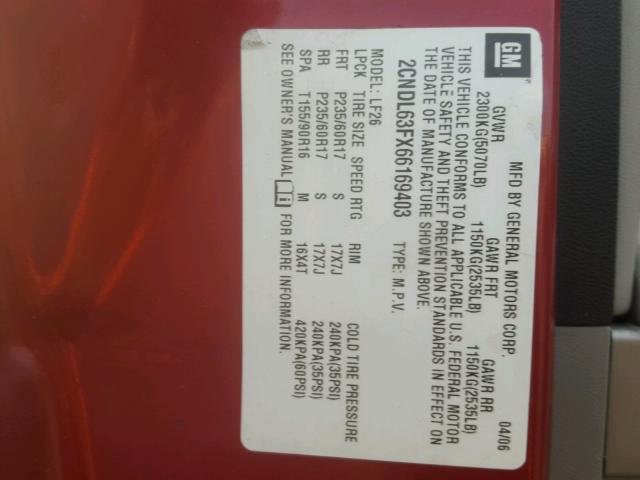 2CNDL63FX66169403 - 2006 CHEVROLET EQUINOX LT RED photo 10