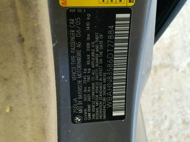 WBAHN83586DT27884 - 2006 BMW 750 LI GRAY photo 10