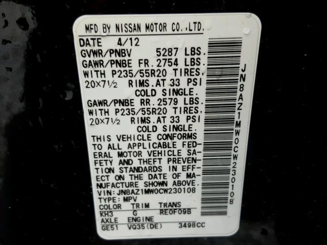 JN8AZ1MW0CW230108 - 2012 NISSAN MURANO S BLACK photo 10