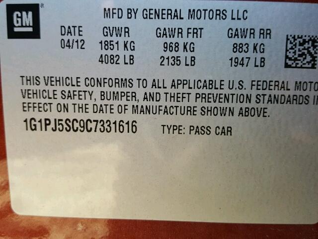 1G1PJ5SC9C7331616 - 2012 CHEVROLET CRUZE ECO MAROON photo 10