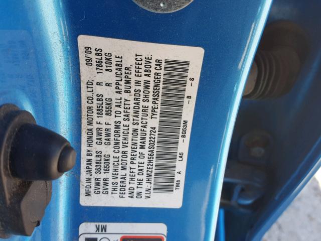 JHMZE2H56AS022724 - 2010 HONDA INSIGHT LX BLUE photo 10