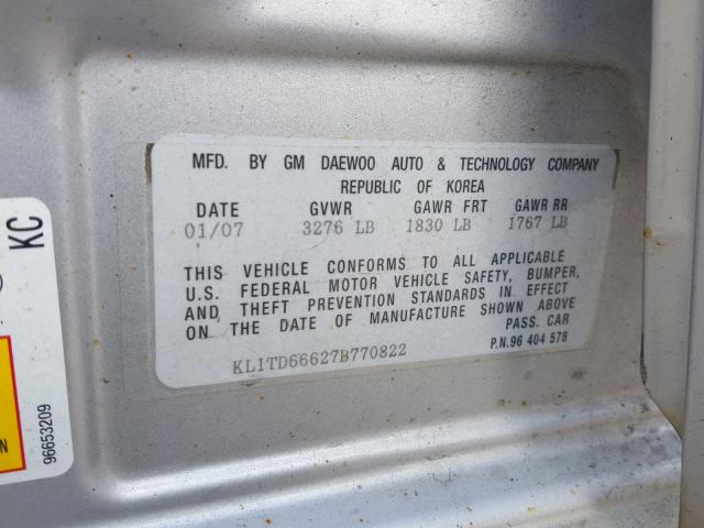 KL1TD66627B770822 - 2007 CHEVROLET AVEO BASE Күміс фото 10