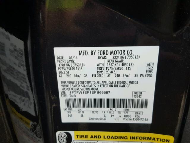 1FTFW1EF1EFB66687 - 2014 FORD F150 SUPER BLACK photo 10