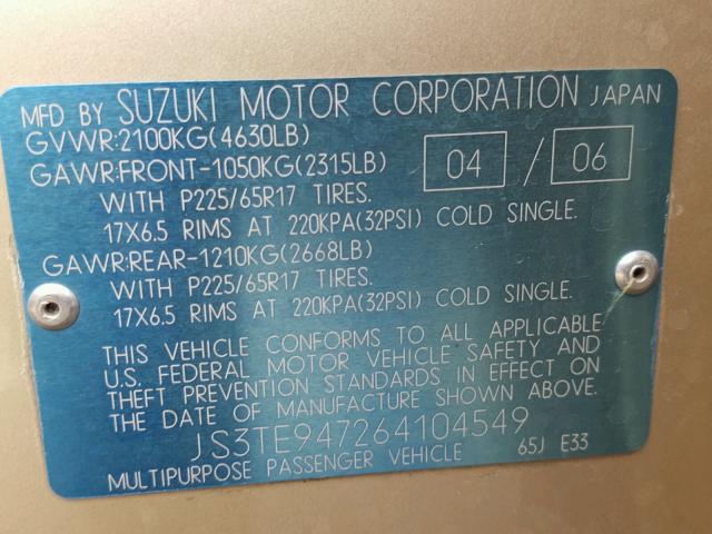 JS3TE947264104549 - 2006 SUZUKI GRAND VITA GOLD photo 10