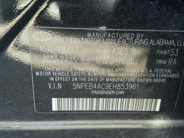 5NPEB4AC9EH853961 - 2014 HYUNDAI SONATA GLS BLACK photo 10