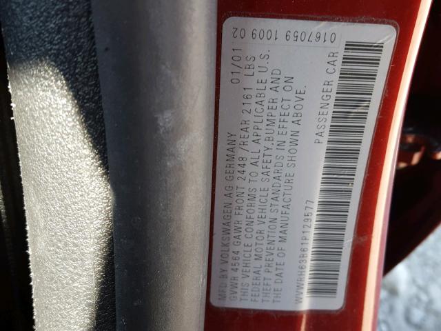 WVWRH63B61P129577 - 2001 VOLKSWAGEN PASSAT GLX RED photo 10