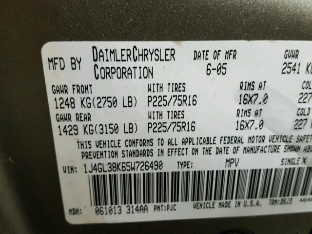 1J4GL38K65W726490 - 2005 JEEP LIBERTY RE TAN photo 10