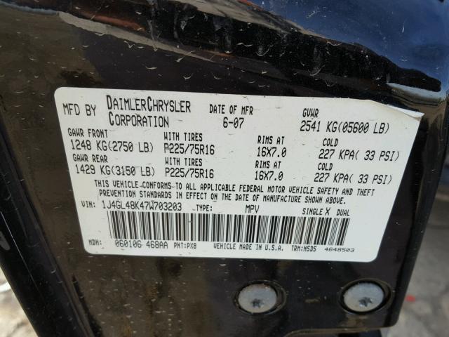 1J4GL48K47W703203 - 2007 JEEP LIBERTY SP BLACK photo 10