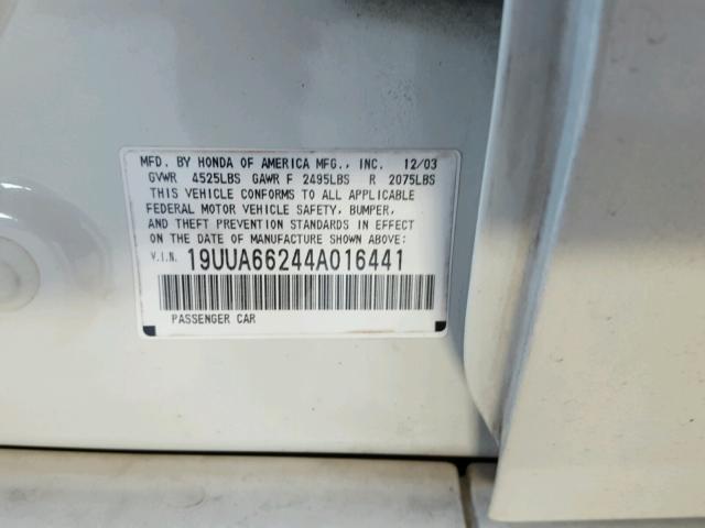 19UUA66244A016441 - 2004 ACURA TL WHITE photo 10