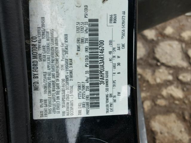 3FAHP0JA3AR146700 - 2010 FORD FUSION SEL BLACK photo 10