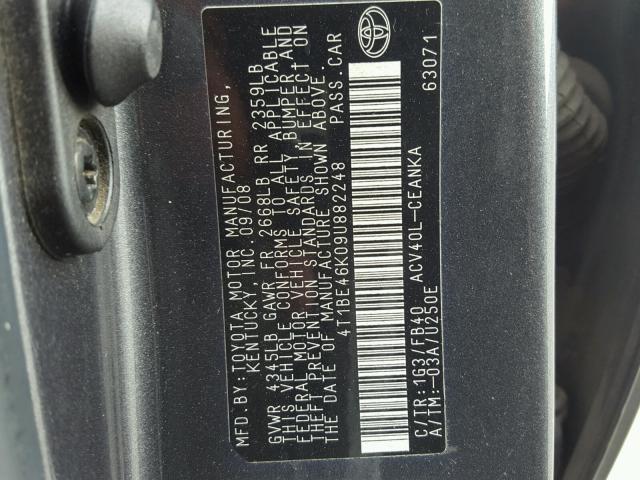 4T1BE46K09U882248 - 2009 TOYOTA CAMRY BASE GRAY photo 10