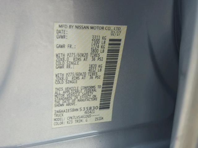 1N6AA1E58HN535830 - 2017 NISSAN TITAN SV SILVER photo 10