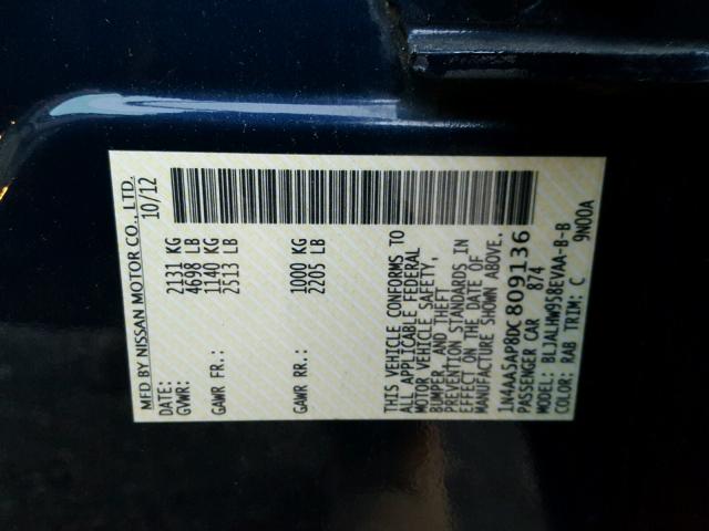 1N4AA5AP8DC809136 - 2013 NISSAN MAXIMA S أزرق صورة 10