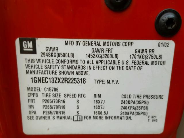 1GNEC13ZX2R225318 - 2002 CHEVROLET TAHOE C150 RED photo 10