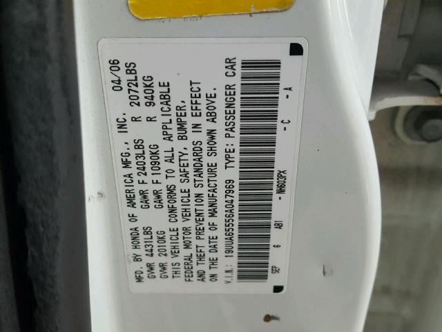 19UUA65556A047969 - 2006 ACURA 3.2TL WHITE photo 10