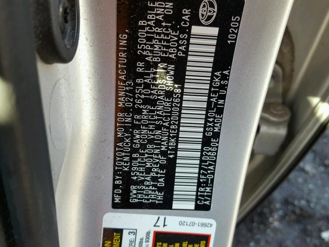 4T1BK1EB2DU026581 - 2013 TOYOTA AVALON BAS SILVER photo 10